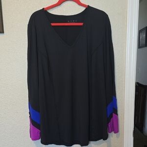 Livi Active Black V-Neck Long Sleeve Top with Blue & Purple Sleeve Panels